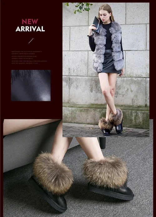 Женские ботинки из натуральной кожи с натуральным лисьим мехом; брендовая зимняя обувь; теплые черные повседневные женские зимние ботинки с круглым носком размера плюс