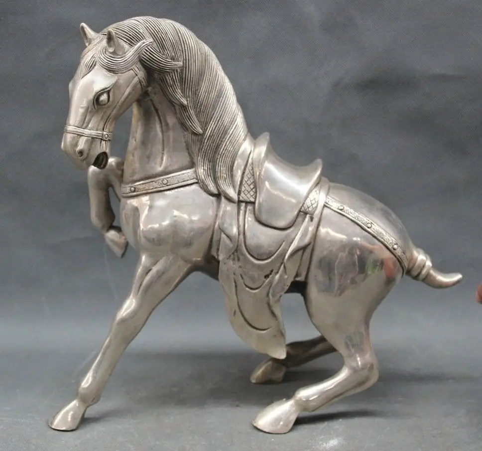 

13" Chinese Folk silver Zodiac Year Stand Tang Horse success statue sculpture