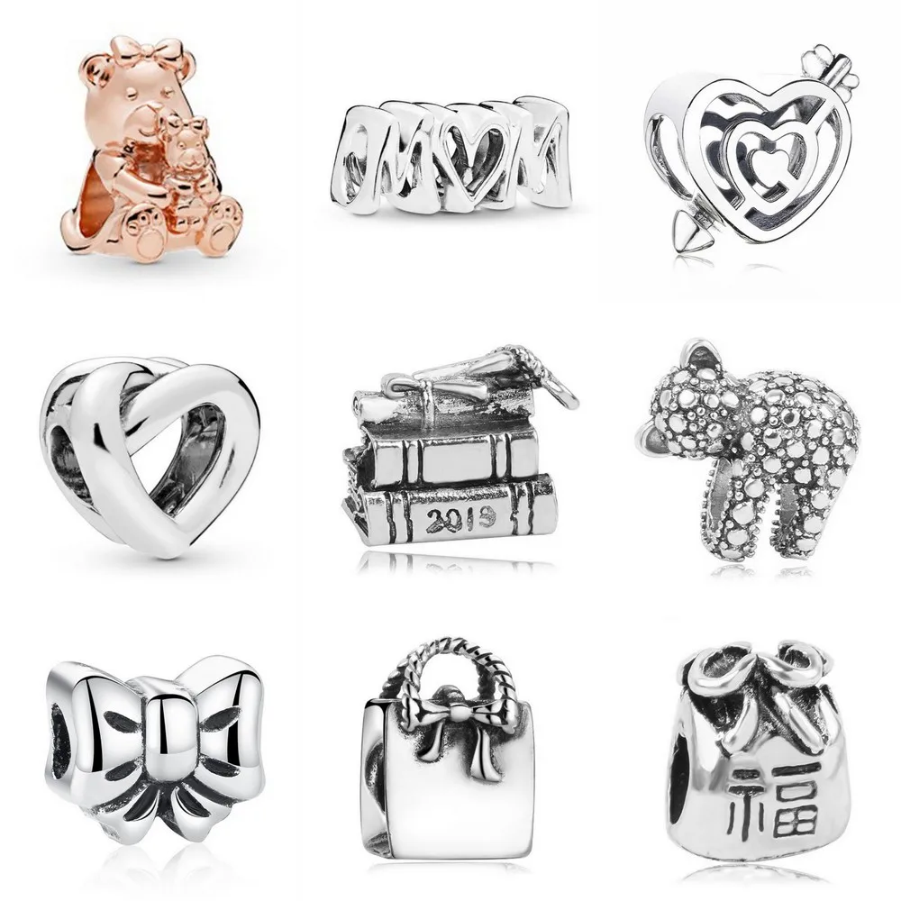 

New Original Silver Alloy Bead Crystal Bear Heart Graduation Cap Charm Fit Pandora Bracelet Necklace DIY Women Jewelry