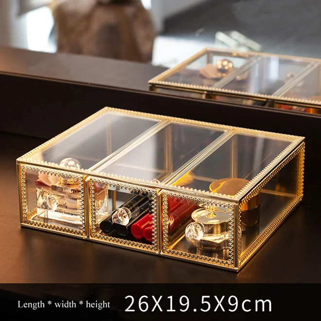 Luxury Glass Cosmetic Storage Box Drawers Makeup Organizer Desktop Cotton Swab Lipstick Holder Make Up Organizer Girl Gift