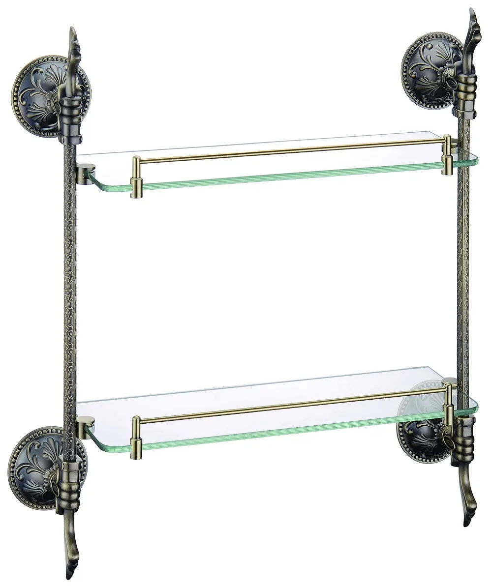 

Free shipping Antique brass Finish BATHROOM ACCESSORIES DOUBLE BATHROOM GLASS SHELVES
