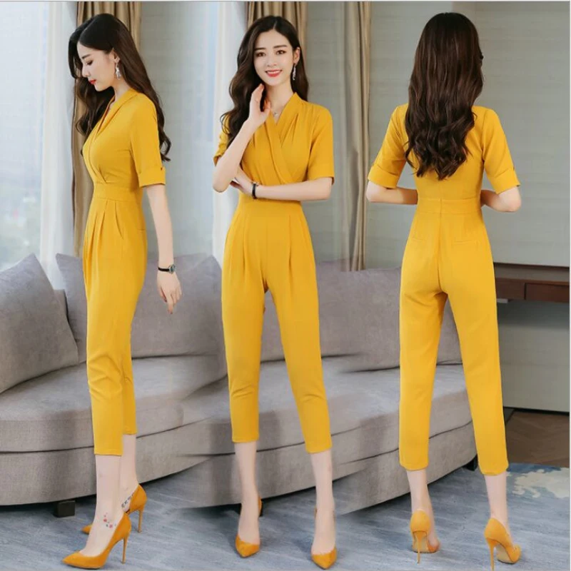 

High Waist Jumpsuit 2019 Summer Thin Comfortable Rompers Elegant V neck Slim Pencil Pant Ankle Length Pants Women Jumpsuits New