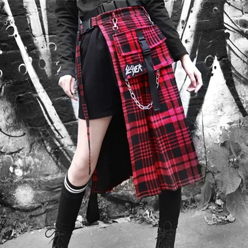 

2019 New Arrival Sping Punk Gothic Harajuku Vintage Red Plaid Skirt Fashion Loose High Quality Female Asymmetric Long Skirts