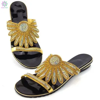 

PU Leather Gold Shoes Women Evening Party Pumps Wedding Appliques Crystal Flower Decorated on African Shoes Without Matching Set