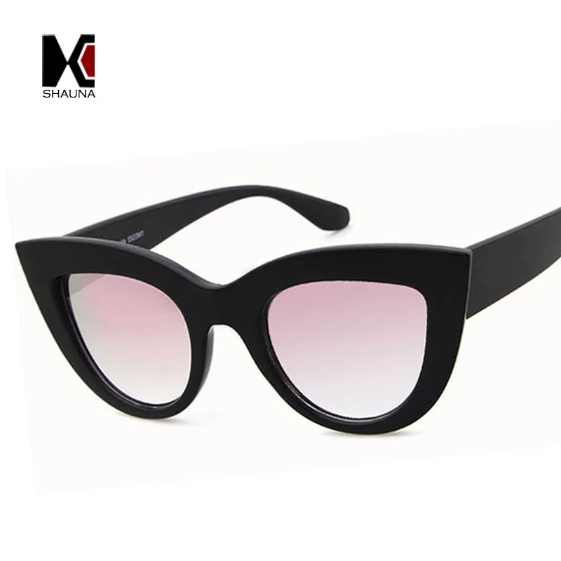 SHAUNA Classic Women Cat Eye Sunglasses Retro Ladies Black Frame Blue Reflective Lens Glasses