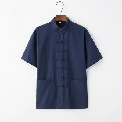 Традиционная мужская хлопковая рубашка Liene Wing Chun Kung Fu Летняя Повседневная блуза с короткими рукавами M L XL XXL 3XL 4XL - Цвет: Тёмно-синий