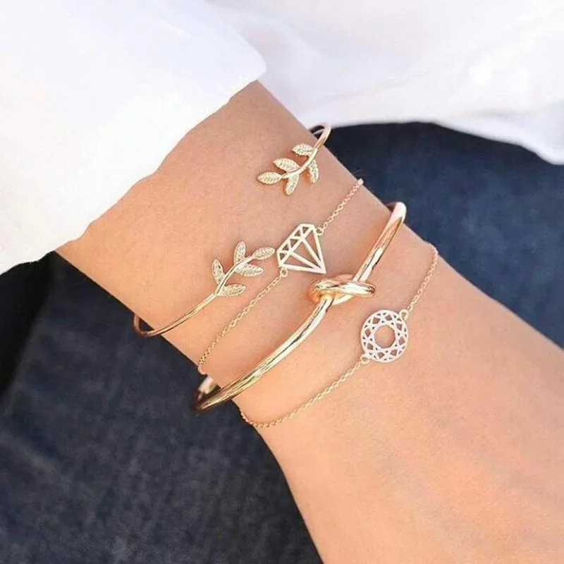 

DIEZI 4PCS/Set Retro Leaf Knotted Charm Chain Bracelets for Women Fashion Gift Gold Metal Chain Bracelets Bangles Jewelry