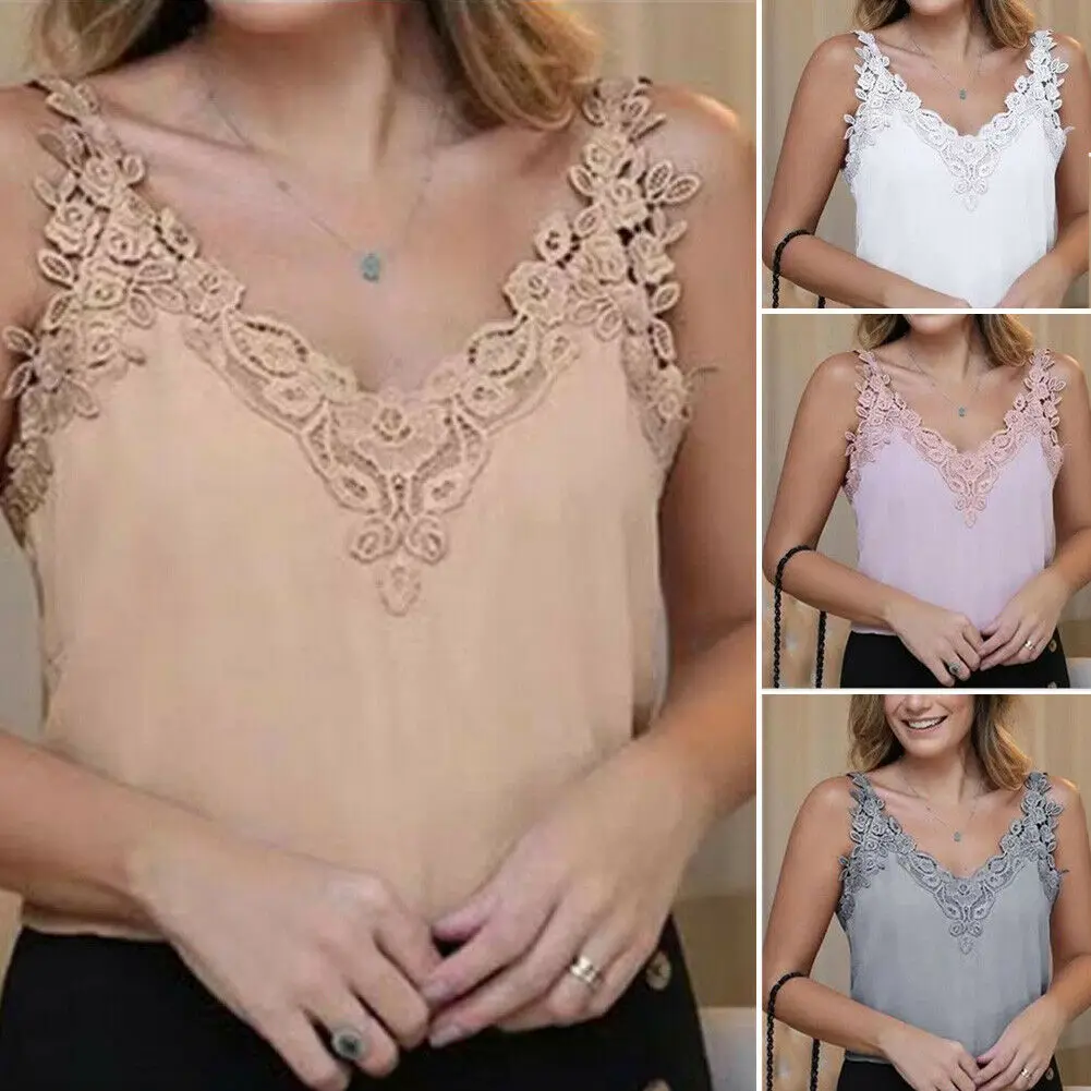 

New Women Ladies Fashion Casual Summer Tank Top Solid Lace Sleeveless Vest Tank Canisole Party Clubwear Plus Size