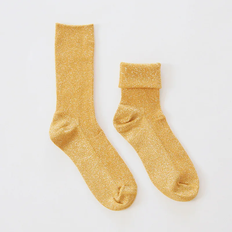 Весенние хлопковые носки с пайетками для женщин, одноцветные простые носки, модные художественные складные женские студенческие блестящие носки с металлическими линиями - Цвет: Цвет: желтый