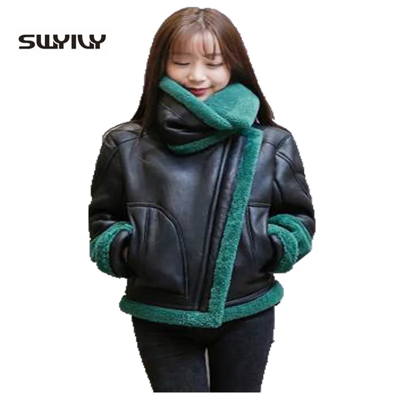 2016 Lamb Fur Lining Suede Jackets Woman Winter Long British Biker Pu Leather Thick Coat Female Warm Coat Top Black
