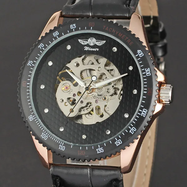

WINNER Quality Men Watches Wheel Skeleton Diamond Design Automatic Mechanical Watch Casual Sports Genuine Leather Male Watch