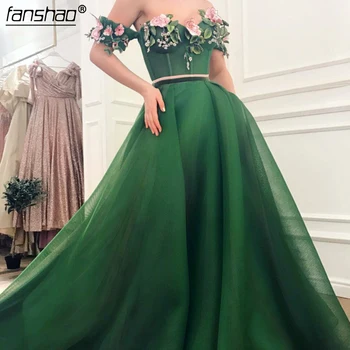 

Green Muslim Evening Dresses 2019 A-line Boat neck Organza Beaded Flower Elegant Dubai Saudi Arabic Long Evening Gown Prom Dress