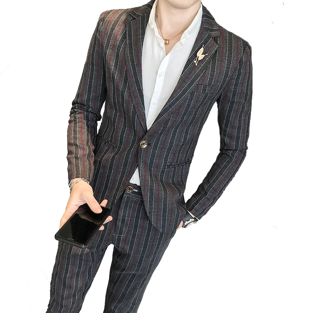 الذكور النمط البريطاني شخصية مخطط صغيرة واحدة مشبك دعوى الذكور الاجتماعية الأزياء الأعمال رداء غير رسمية 2 قطعة (سترة + السراويل)