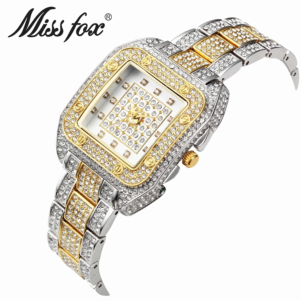 

Women's Square Full Diamond Dial Quartz Watch MISS FOX Brand Luxury Diamond Steel strip Waterproof Fashion Casual Ladies Watch