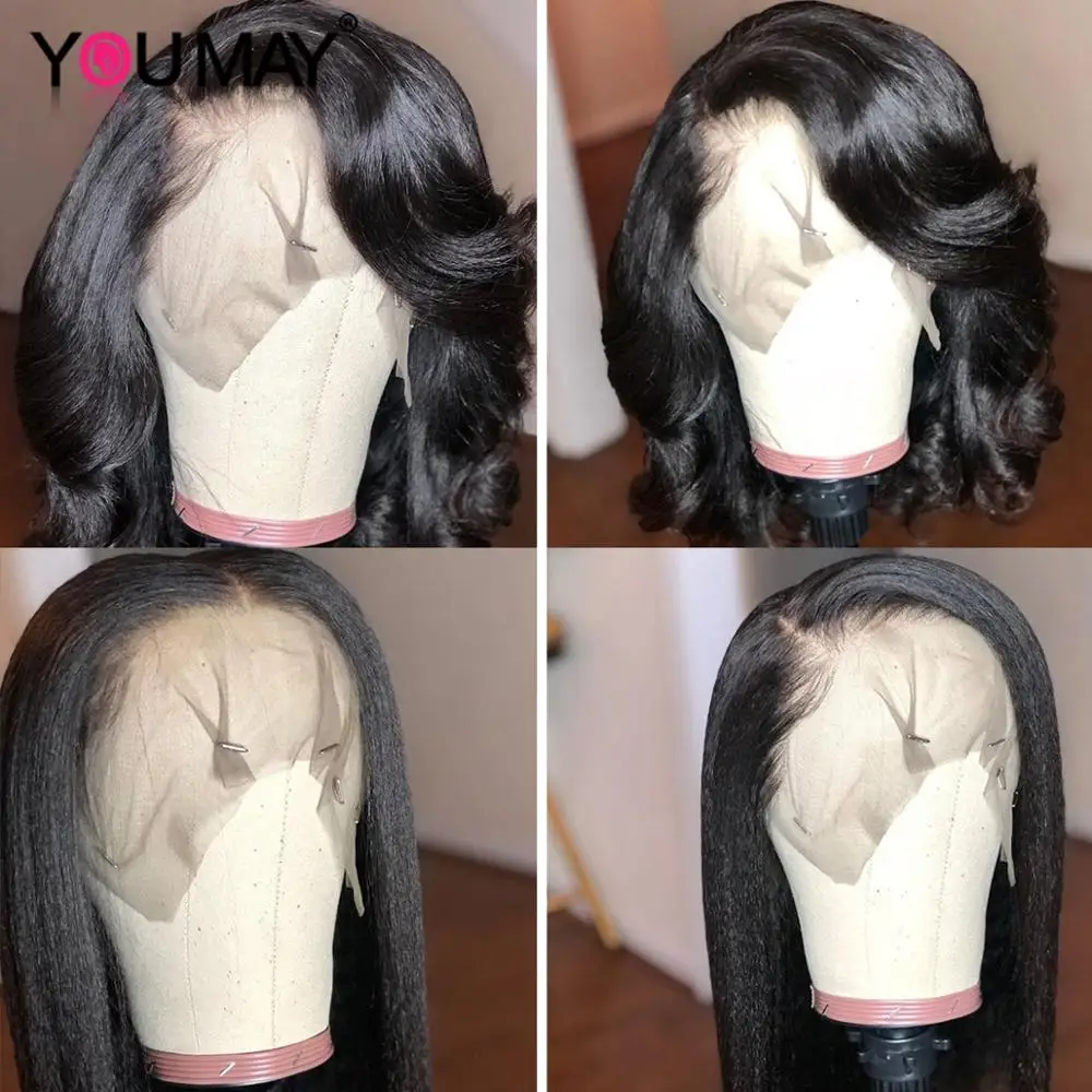  150% Yaki Straight Short Bob Wigs For Women 13x4 Brazilian Yaki Lace Front Human Hair Wigs Bob Pre 