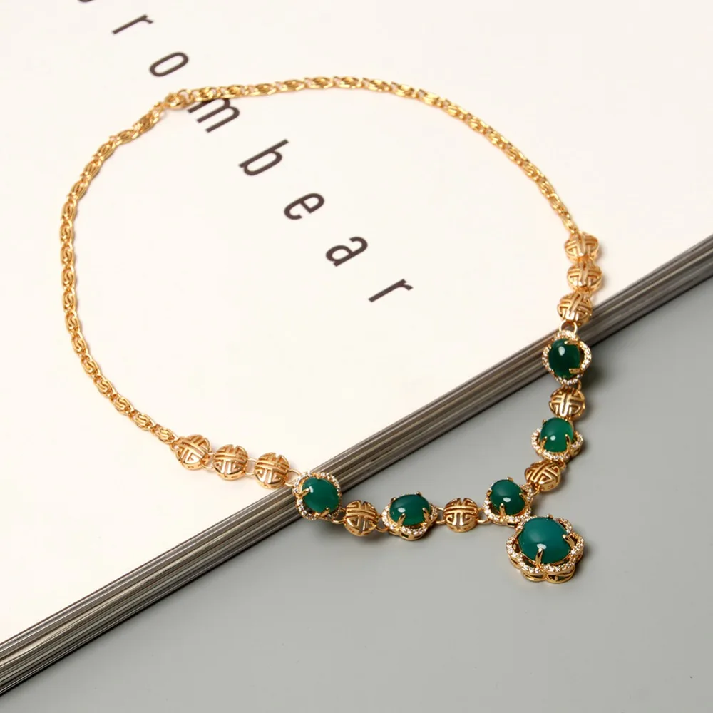 

JUJIE Fashion 24K Gold Green Stone Necklaces Pendants For Women 2019 Sweater Charm Necklaces Female Jewelry Dropshipping