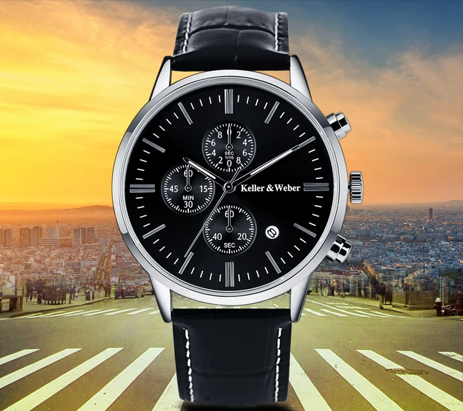 Keller & Weber Mens Watches 30m Waterproof Quartz Business Watches Date Display Genuine Leather Band Relogio Masculino Best Gift (7)