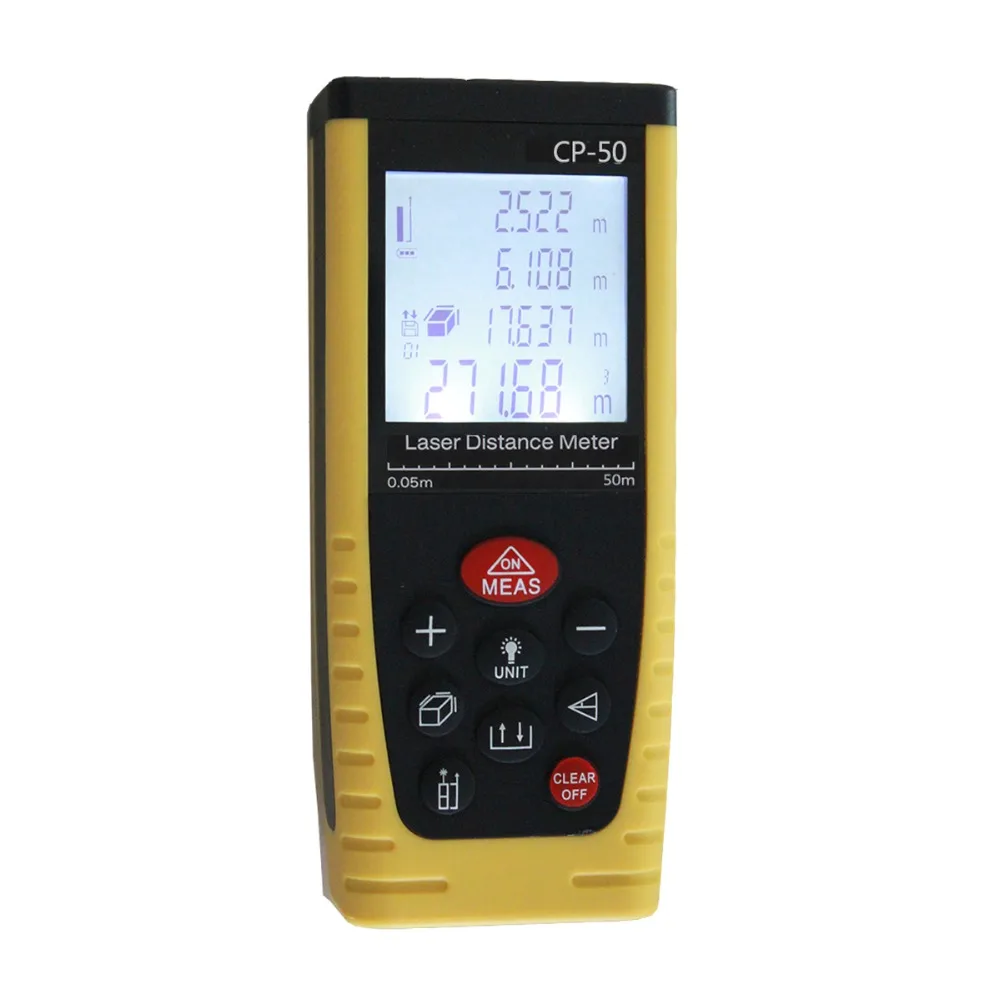 

50M Dust Protected Laser Range Finder Yellow  Handheld Laser Distance Meter LCD with Backlight With Multiple Readings