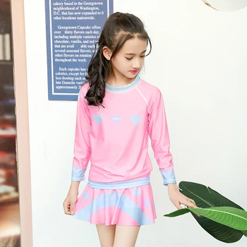 

UV Sun Protective UPF 50+ Girls Long Sleeve Rash Guard & Short Skirts Set Pink Two-Piece Swimsuit Set Swimwear Beachwear Pink