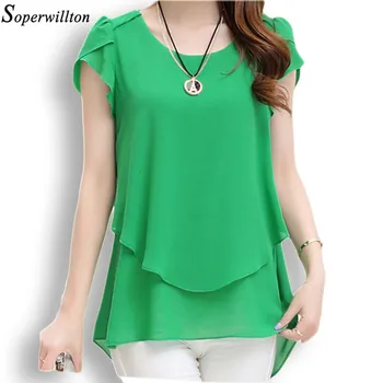 Soperwillton 2016 New Summer Women Blouse Loose Shirt O-Neck Chiffon Blouse Female Short Sleeve Blouse Plus Size 5XL Shirts D378