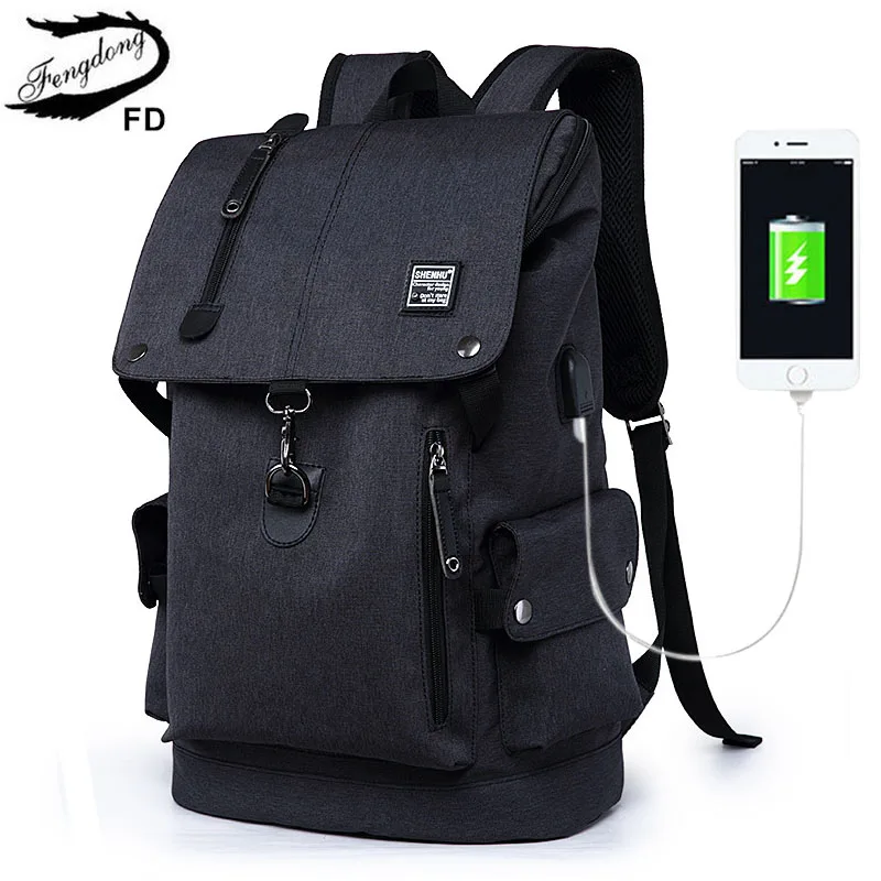 Fengdong, модный мужской бизнес рюкзак с USB зарядкой, водонепроницаемая сумка, корейские сумки на плечо для подростков, школьные рюкзаки - Цвет: black update