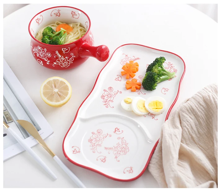 Керамическая тарелка для завтрака в японском стиле, ручная роспись, миска с ручкой, фарфоровая рисовая большая миска, суп для детей, поднос для фаст-фуда