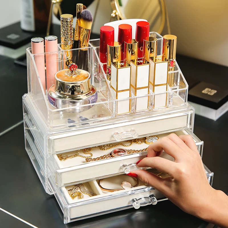 

jewelry cosmetic storage organizer box with gray grids tray clear 3 layers cosmetic drawers ring jewelry display trays organizer