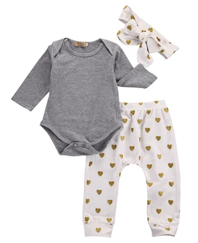 

2018 new 3pcs Newborn Infant Baby Girls Clothes Set Long Sleeve Gray Bodysuit Tops+Heart Pants Leggings Headband Outfit Set