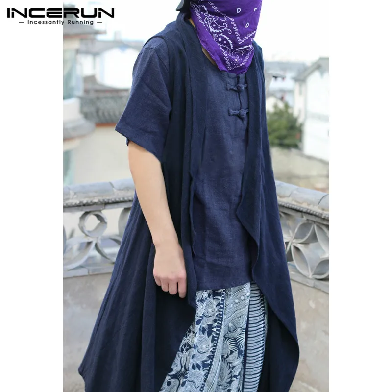 

INCERUN Men Vest Sleeveless Stylish Retro Hip-hop Thin Long Cloak Cotton Coat Cardigan Irregular Design Casual Chalecos S-3XL