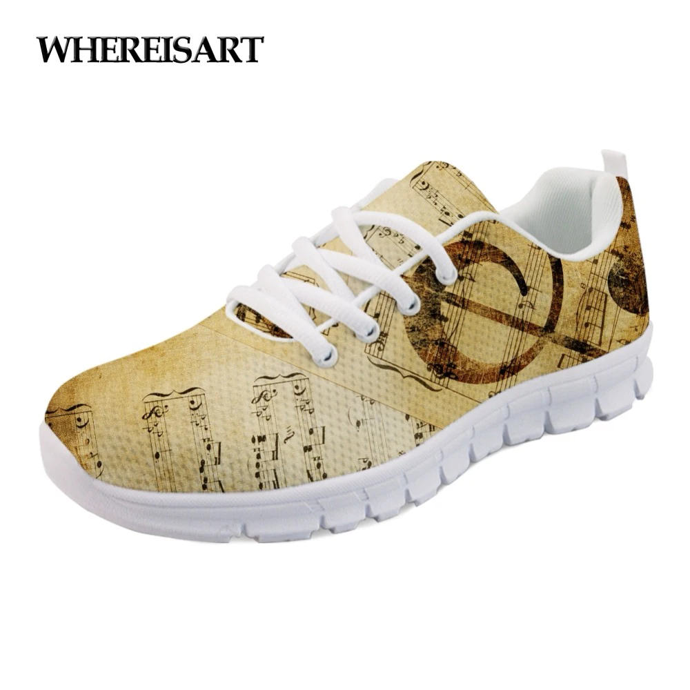 

WHEREISART Retro Music Note Pattern Flats Women Shoes Sneakers Casual Women's Shoes Comfortable Mesh Walking Shoes for Ladies