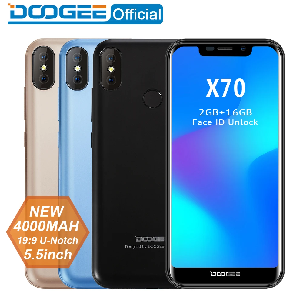 5,5 ''u-образная 19:9 DOOGEE X70 смартфон с функцией распознавания лица MTK6580 четырехъядерный процессор 2 Гб ОЗУ 16 Гб ПЗУ Двойная камера 8,0 МП Android 8,1 4000 мАч