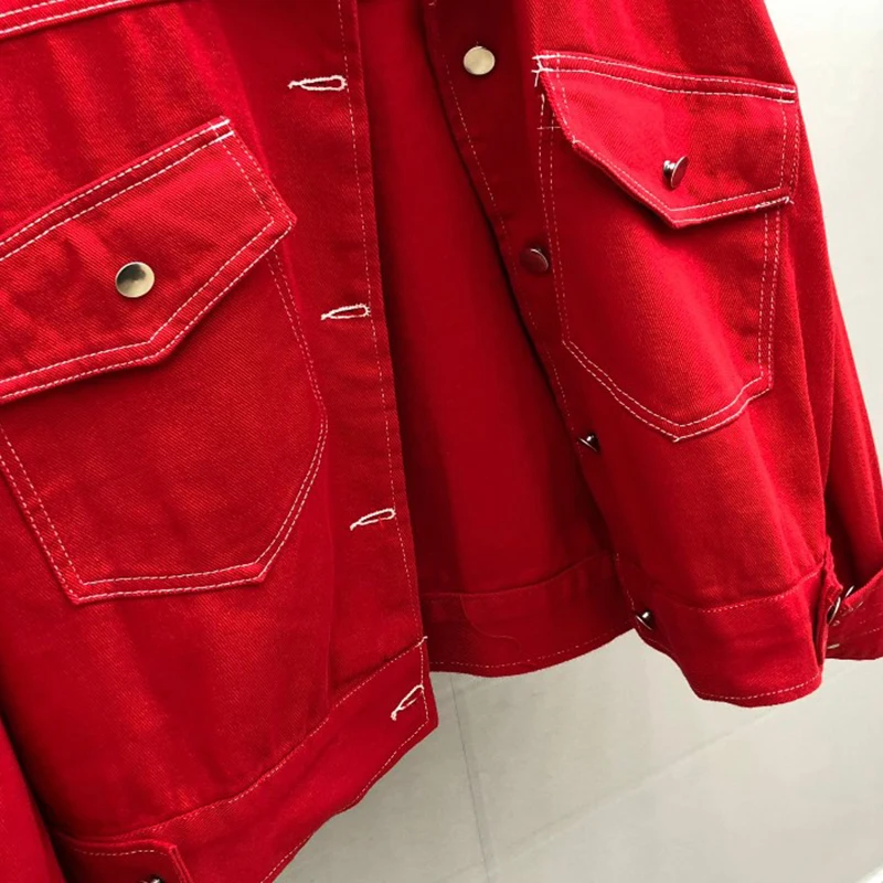Весенняя женская джинсовая куртка с отложным воротником, свободные джинсы Harajuku BF, красное пальто, женский джинсовый жакет в стиле хип-хоп, пальто размера плюс