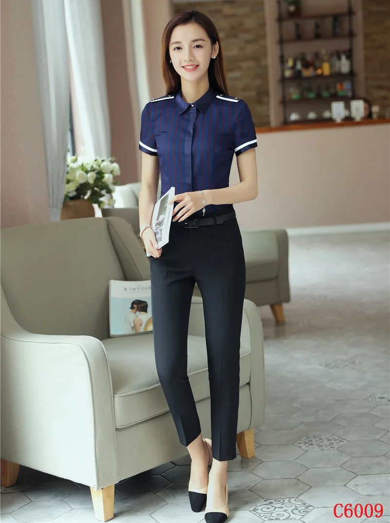 Ladies Navy Blue Striped Blouses & Shirts Women Suits 2 Piece Pant and