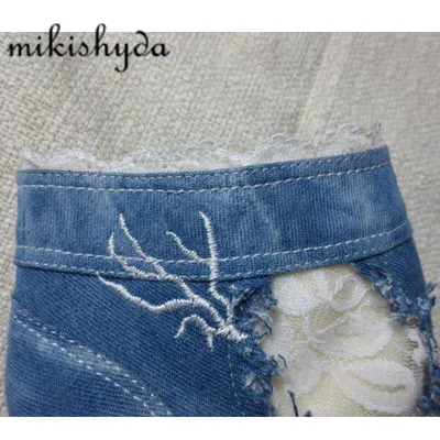 Épaisse Peep Mujer Botines Hauts Cheville Coins Talons Slop Imperméables Semelle Denim Bottes Remise Cowboy Sexy toe Bleu Plataforma SOIqg4P