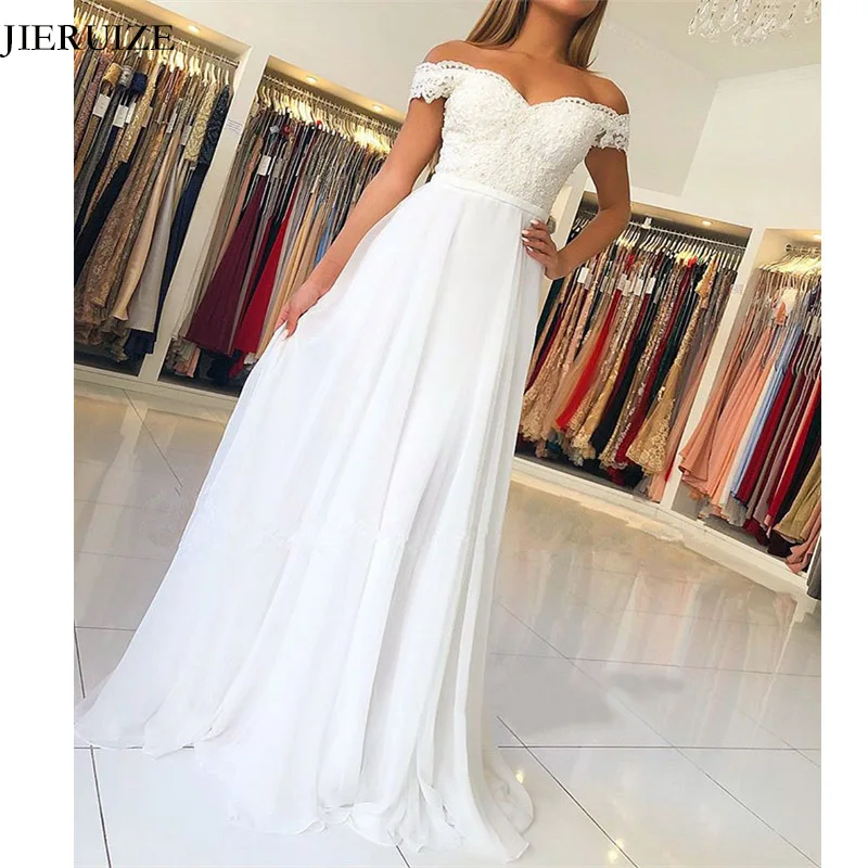 Jieruize White Chiffon Lace Boho Wedding Dresses Off The Shoulder