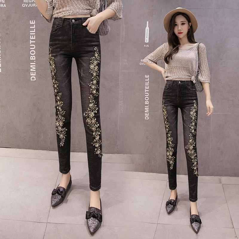 Luxury Embroidery Flowers Women Denim Jeans Flower Skinny Jeans Pencil