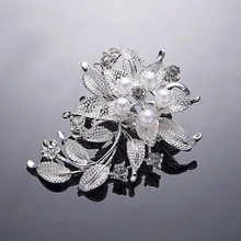 Rinhoo-broche de boda para mujer, broche grande de aleación Color plateado, hoja de flor, perla, diamantes de imitación, joyería