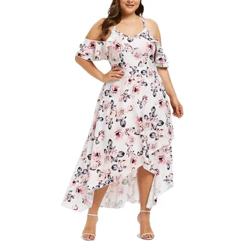 

2019 Summer Plus Size Fashion Women Floral Printed Short Sleeve V-Neck Cold Shouder Dress
