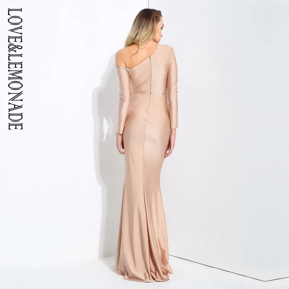 Облегающее платье с длинными рукавами и открытыми плечами Love & Lemonade Nude LM0699|sleeve maxi