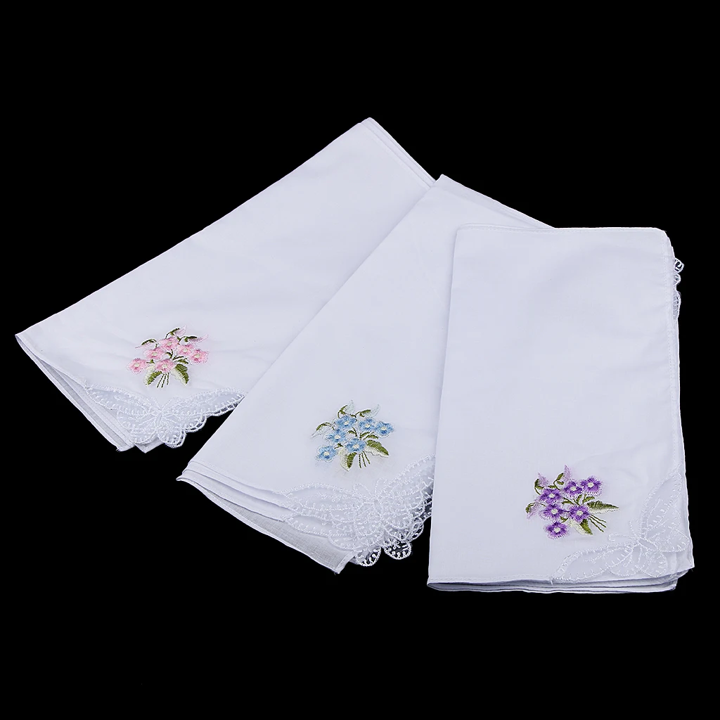 

12 PCS Flower Embroidery Lace 100% Cotton Handkerchiefs for Women Ladies White Comfy Pocket Floral Hanky for Women