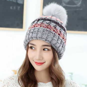 

Woman Winter Hat Beanie C Faux Fur Pom Pom Ball For Hats Knitted Cap Skully Warm Ski Hat Trendy Soft Brand Thick Female Caps