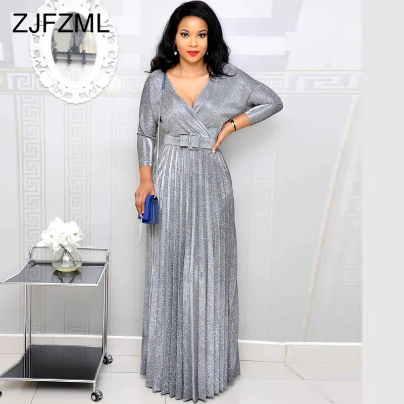 

Colorful Bronzing Elegant Pleated Dress Women Shiny DeepV Neck Long Sleeve Floor-Length Dress Vintage High Waist Sash Maxi Dress