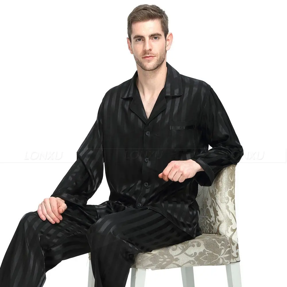 cotton short pyjamas Mens Silk Satin Pajamas Set  Pajama Pyjamas  Set  Sleepwear Set  Loungewear S,M,L,XL,2XL,3XL,4XL  Plus  Striped Black men's cotton pyjamas Pajama Sets