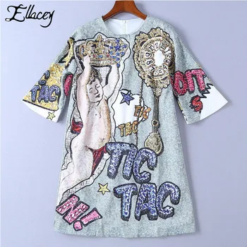 

Ellacey Fashion Angel Print Handmade Beading Dress Women Bling Bling Sequined A-line Dress Plus Loose Summer Dress Vestidos