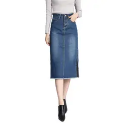 Весенне-летняя юбка джинсовая корейская мода Большие размеры Ретро Женские джинсы Midi юбка с высокой талией тонкая юбка с разрезом Для