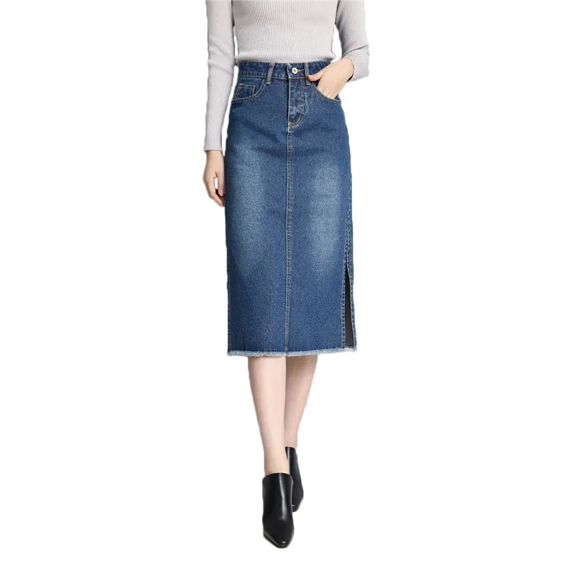 

Spring Summer Skirt Denim Korean Fashion Large Size Retro Lady Midi Jeans Skirt High Waist Slim Split Skirt For Women Saia f592