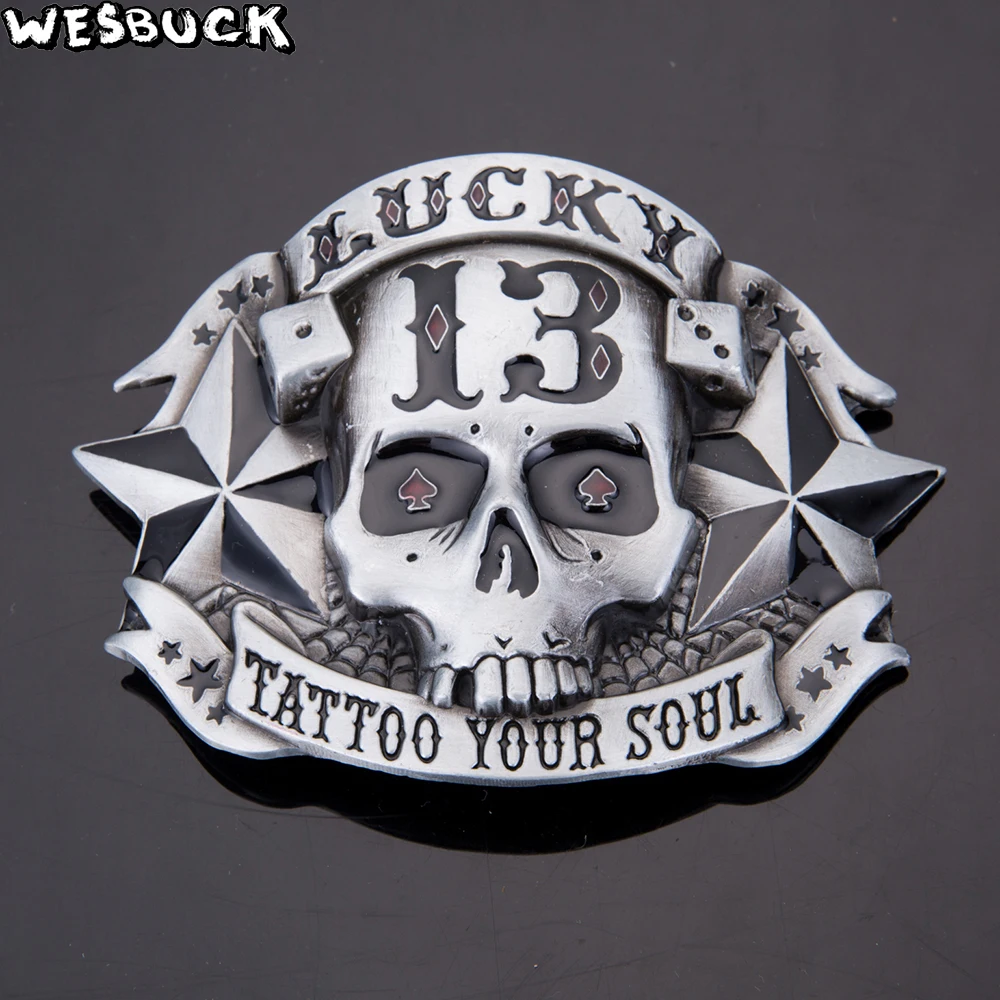Silver Skull Belt Buckle 13 Stars Tattoo Your Soul Lucky Rock For Men Biker