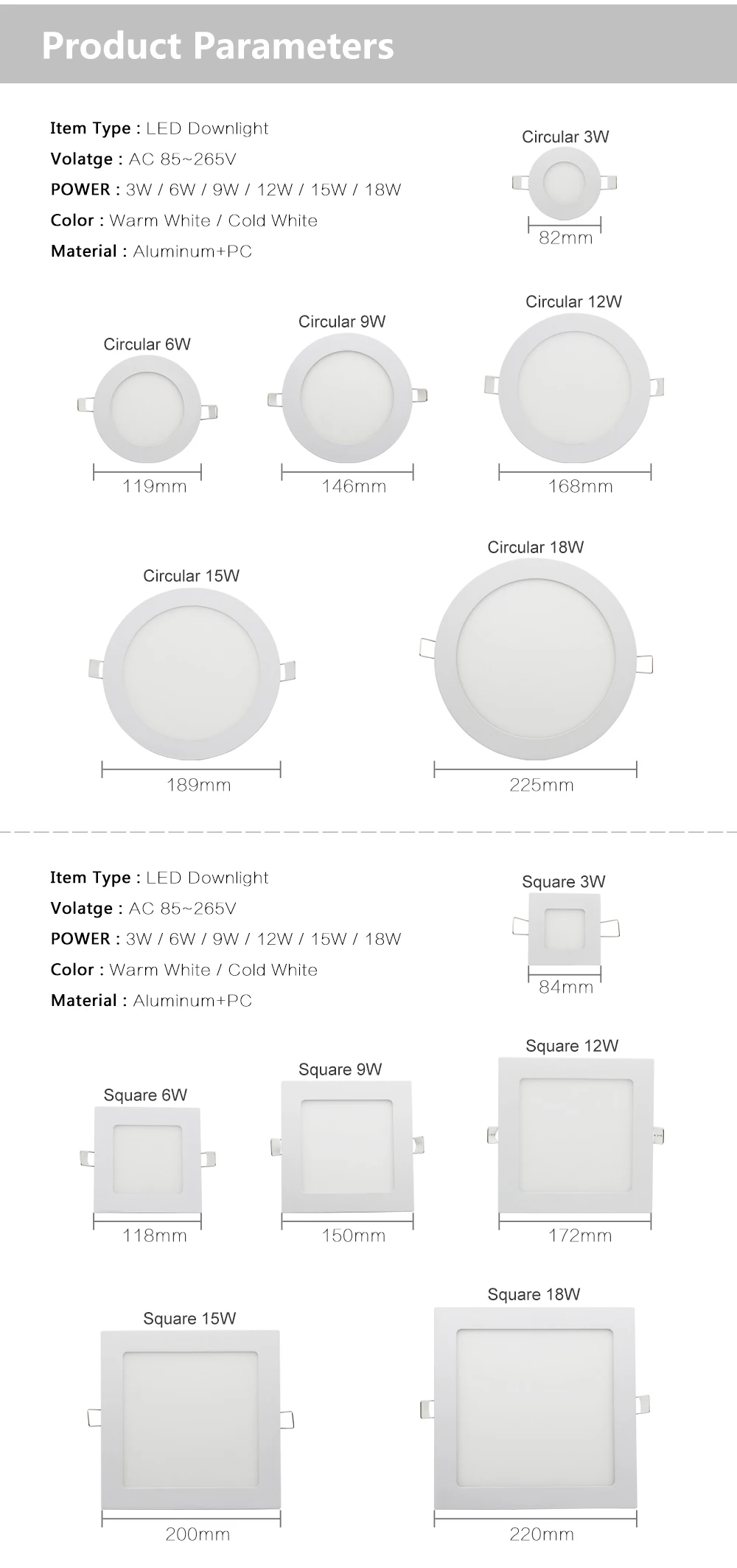LED Downlight Square Round Lamp 3W 6W 9W 12W 15W 18W Dimmable Ceiling Recessed Bulb AC 85-265V SMD 2835 Panel Light With Driver