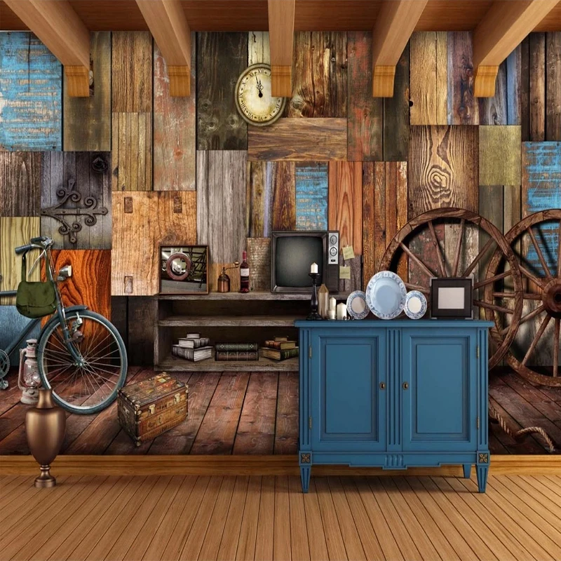 Ретро деревянные колеса Настенные обои Ресторан Бар KTV самоклеющиеся водонепроницаемый холст фон стены фото обои 3D стикер