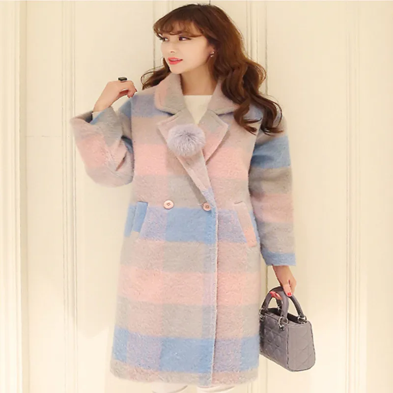 New 2017 winter sweet style fashion blue and pink contrast color double breasted plaid woollen coat women doudoune femme NDY24
